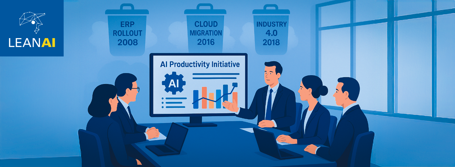 A modern, flat-design illustration of a boardroom meeting where executives review a flashy “AI Productivity Initiative” presentation. In the background, ghostly, semi-transparent trash cans labeled “ERP Rollout 2008,” “Cloud Migration 2016,” and “Industry 4.0 2018” hover, symbolizing past initiatives that faded away.